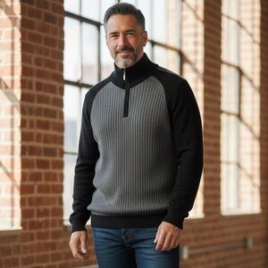 #327 Denver Hayes Men's Gray and Black Ribbed Zip-Up Sweater